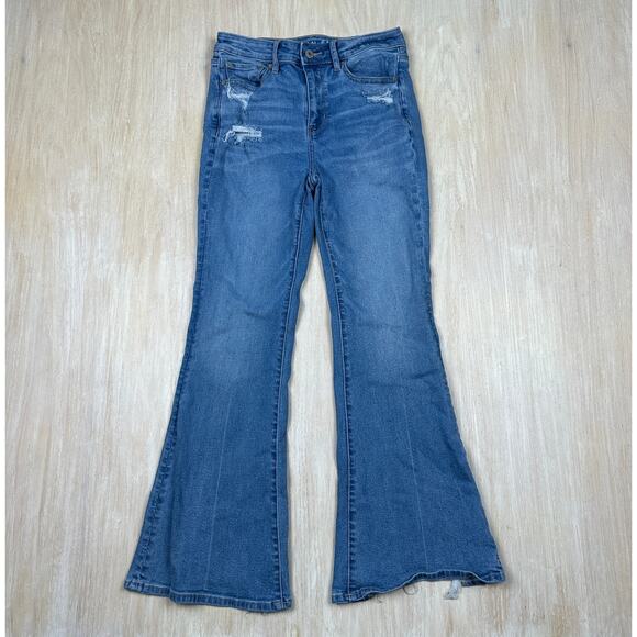 American Eagle Stretch Super High Rise Flare Distressed Denim Jeans 4 SHORT - Picture 1 of 16
